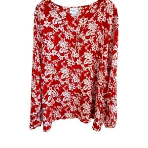 Liz Claiborne Woman Dark Pink Y Neck Blouse With White Flower Print Size 2X